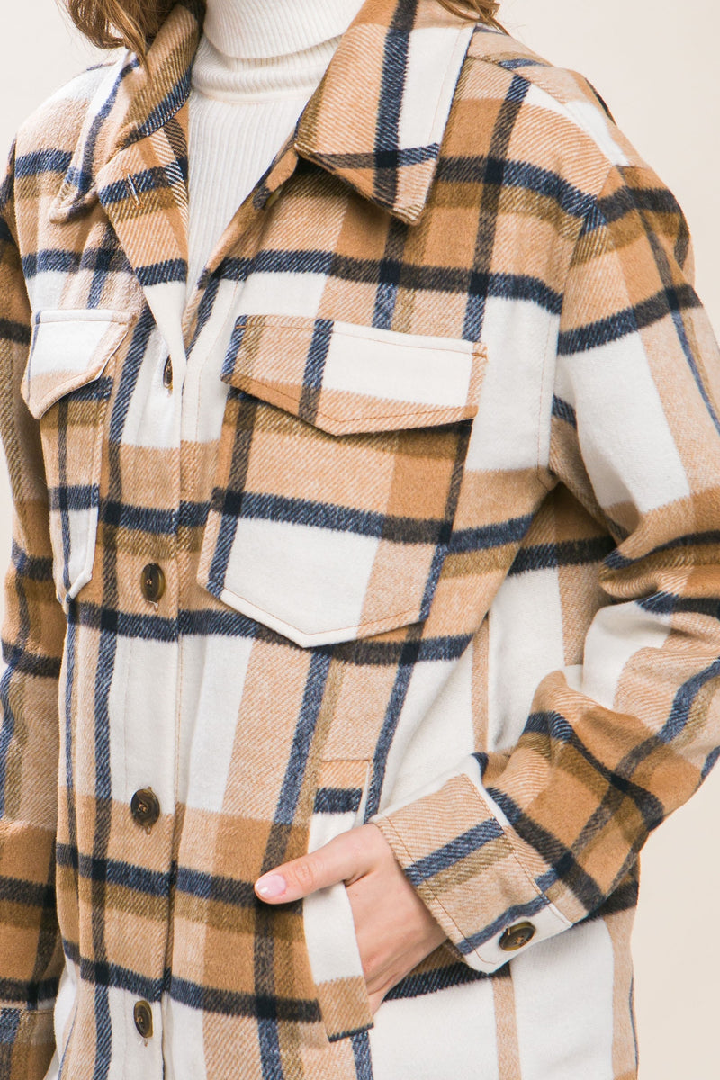 PLAID BUTTON UP SHACKET - CAMEL