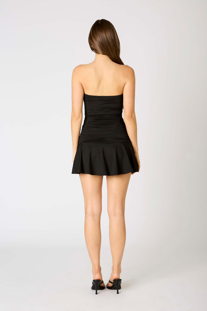 RUCHED STRAPLESS MINI DRESS - BLACK