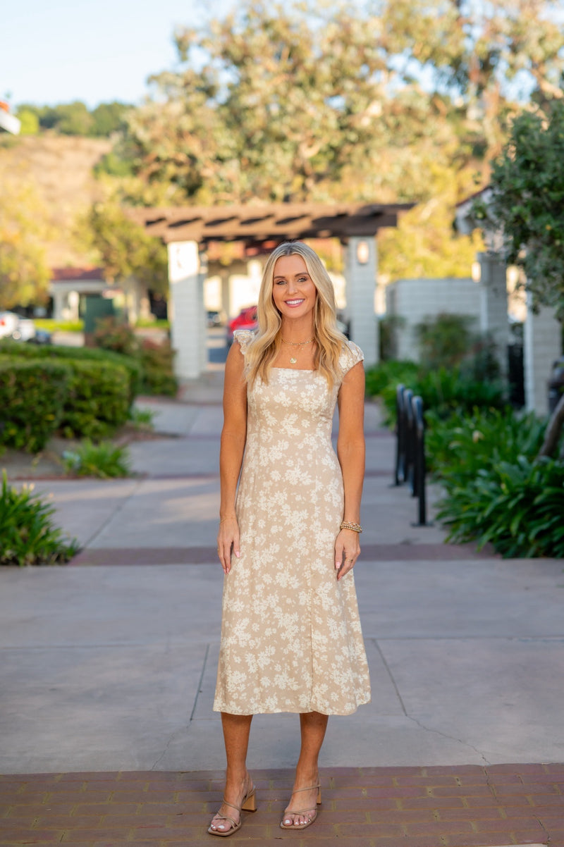 FLORAL MIDI DRESS - TAUPE/WHITE