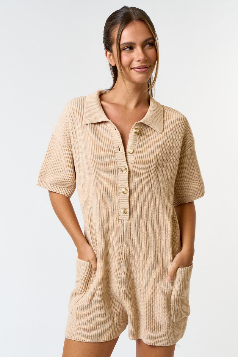 BUTTON UP SWEATER ROMPER - OATMEAL