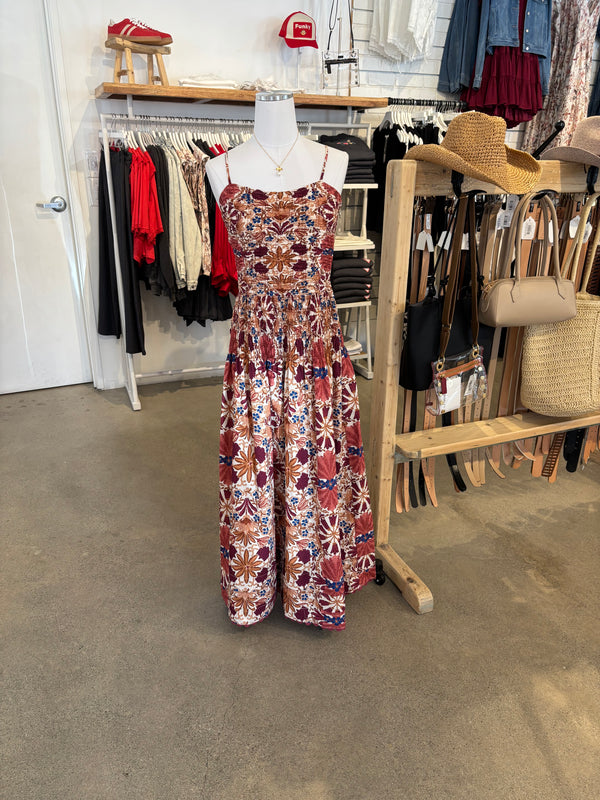 SMOCKED DROPPED WAIST MAXI DRESS - CREAM/RUST