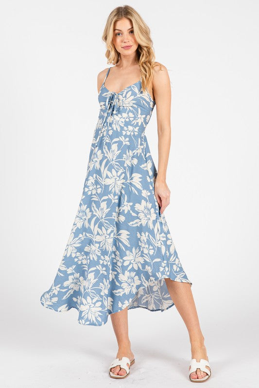 TIE FRONT RUCHED MISI DRESS - BLUE/IVORY