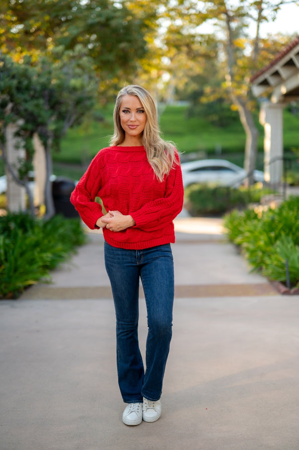 BRAID KNIT COZY SWEATER - RED