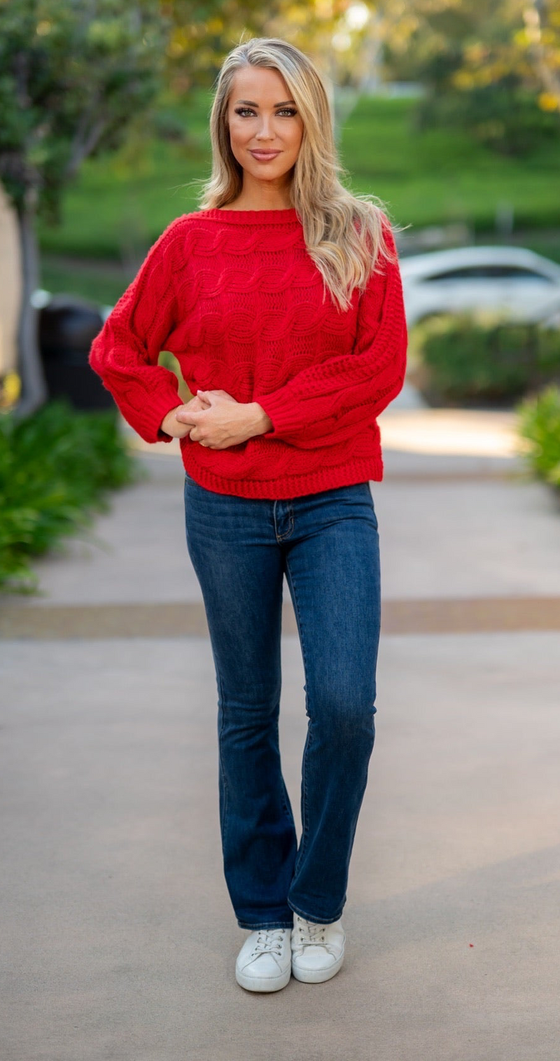 BRAID KNIT COZY SWEATER - RED