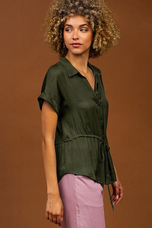 BUTTON FRONT BLOUSE WITH DRAWSTRING WAIST - OLIVINE