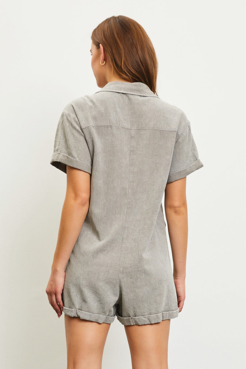 BUTTON FRONT SHORT SLEEVE ROMPER - GREY