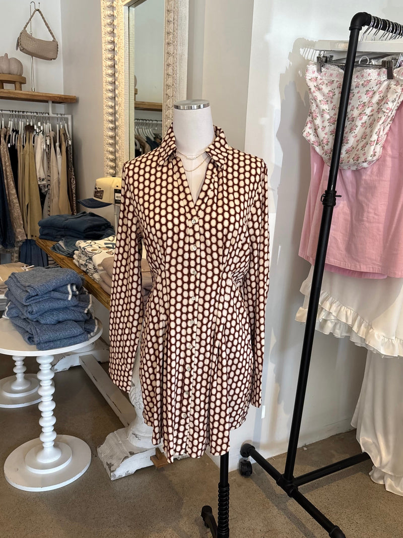 LONG SLEEVE SHIRT DRESS - BROWN/CREAM