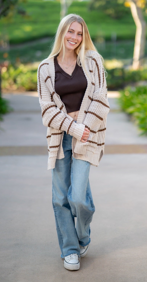 STRIPED CHENILLE CARDIGAN - BEIGE/KHAKI