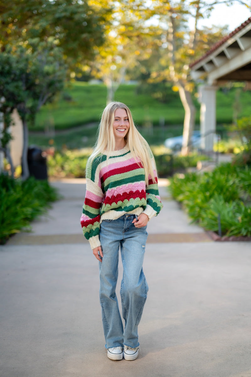 STRIPED CREWNECK SWEATER - GREEN/RED/PINK