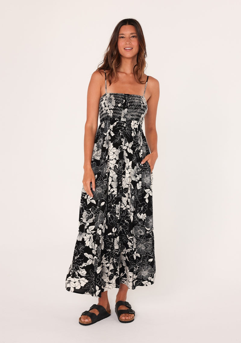 CARLY SMOCKED FLORAL MAXI DRESS - BLACK/WHITE