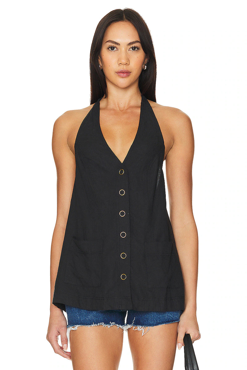 FREE PEOPLE SCOUT LINEN HALTER TOP - BLACK