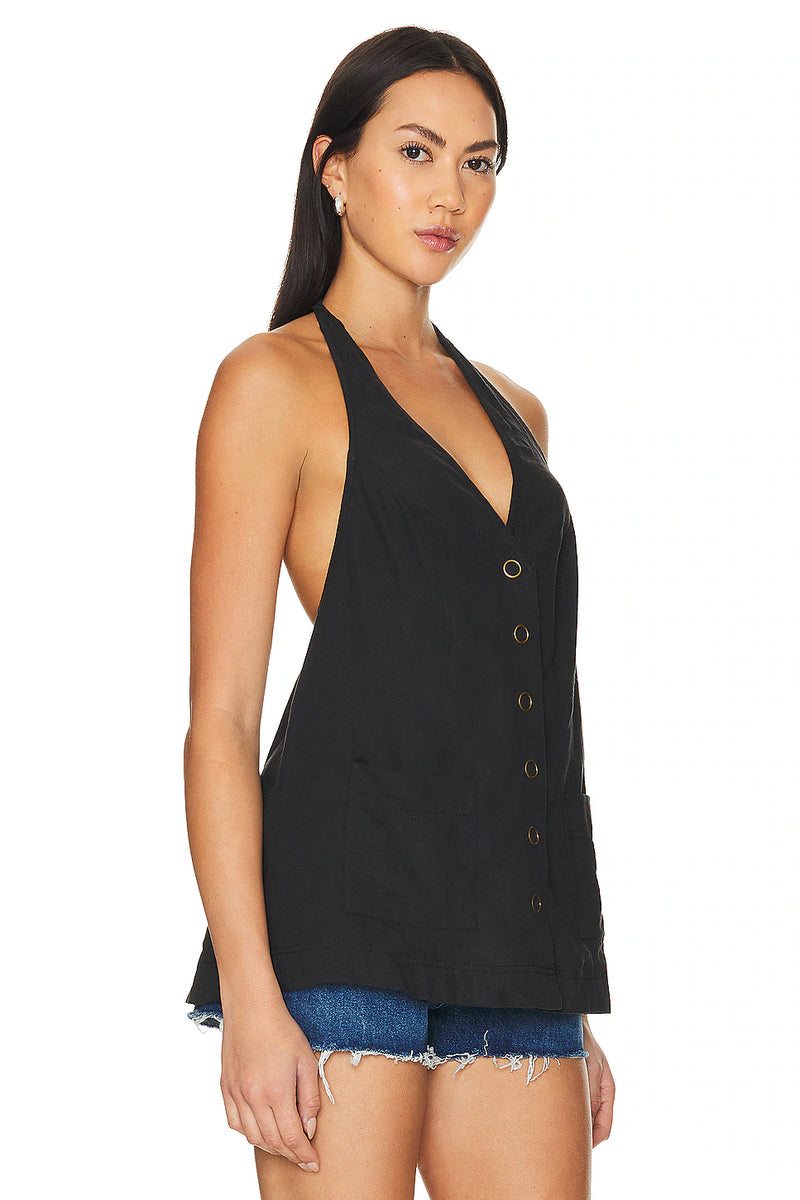 FREE PEOPLE SCOUT LINEN HALTER TOP - BLACK