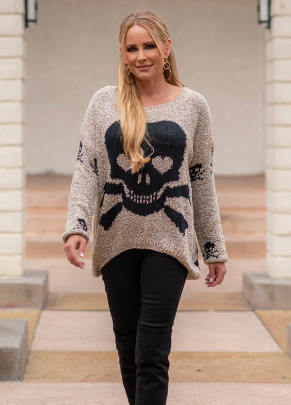 SKULL PRINT KNIT SWEATER - BEIGE/BLACK