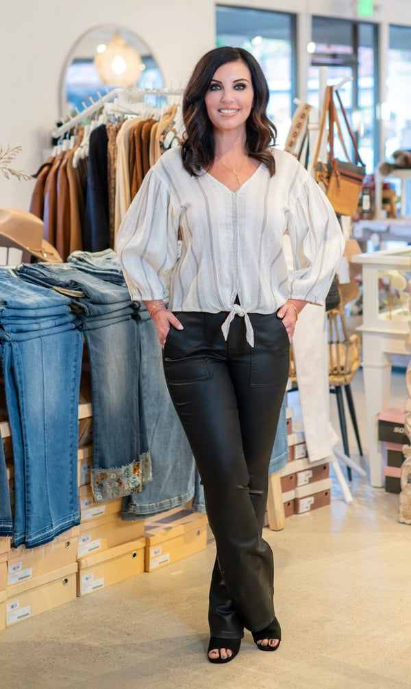 ELODIE TIE FRONT TOP - OFF WHITE/BLACK