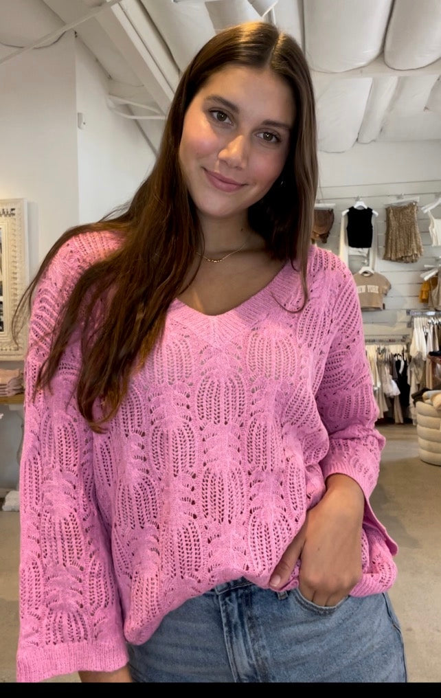 V-NECK OPEN WEAVE SWEATER - CHERRY PINK