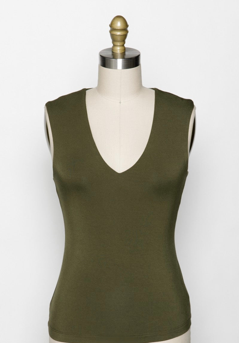DOUBLE LAYER V-NECK TANK TOP - FINE OLIVE