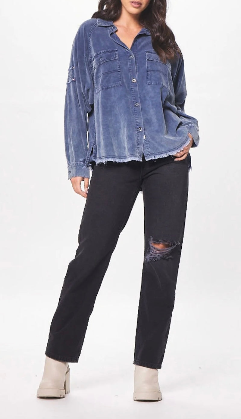 BABY CORD BUTTON UP SHIRT - SLATE BLUE
