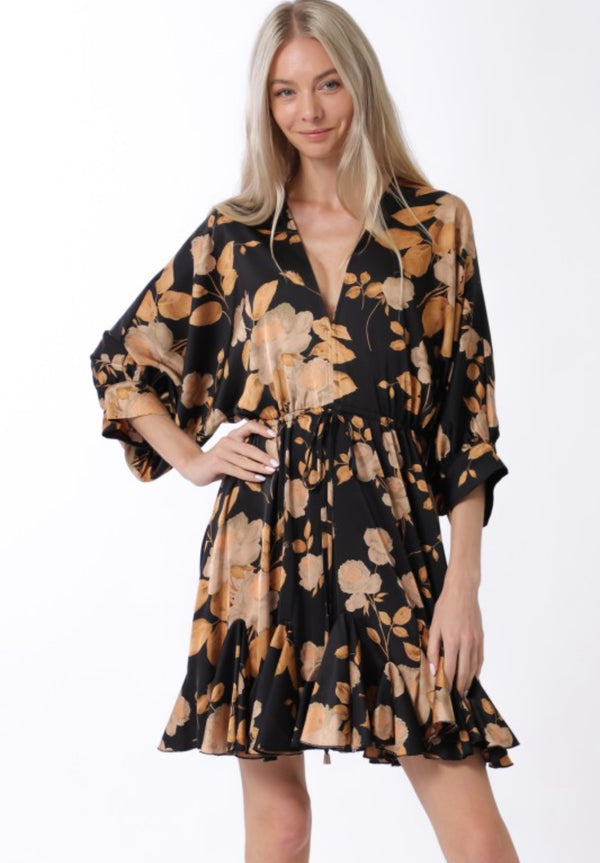 DOLMAN SLEEVE FLORAL MINI DRESS - BLACK/CAMEL