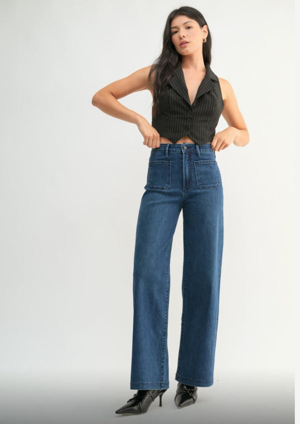 PATCH POCKET WIDE LEG JEANS - DARK DENIM