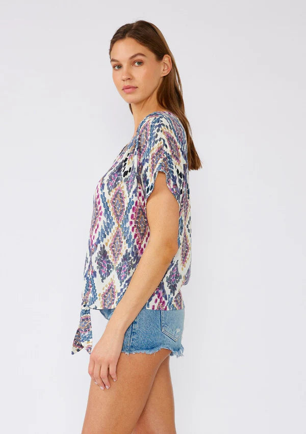 RHEA TIE FRONT TOP - NATURAL/DUSTY BLUE