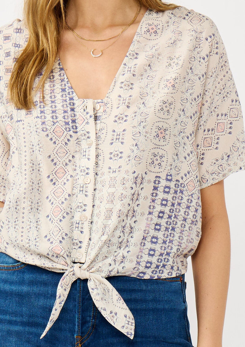 LUNARA TIE FRONT TOP - OATMEAL/PLUM