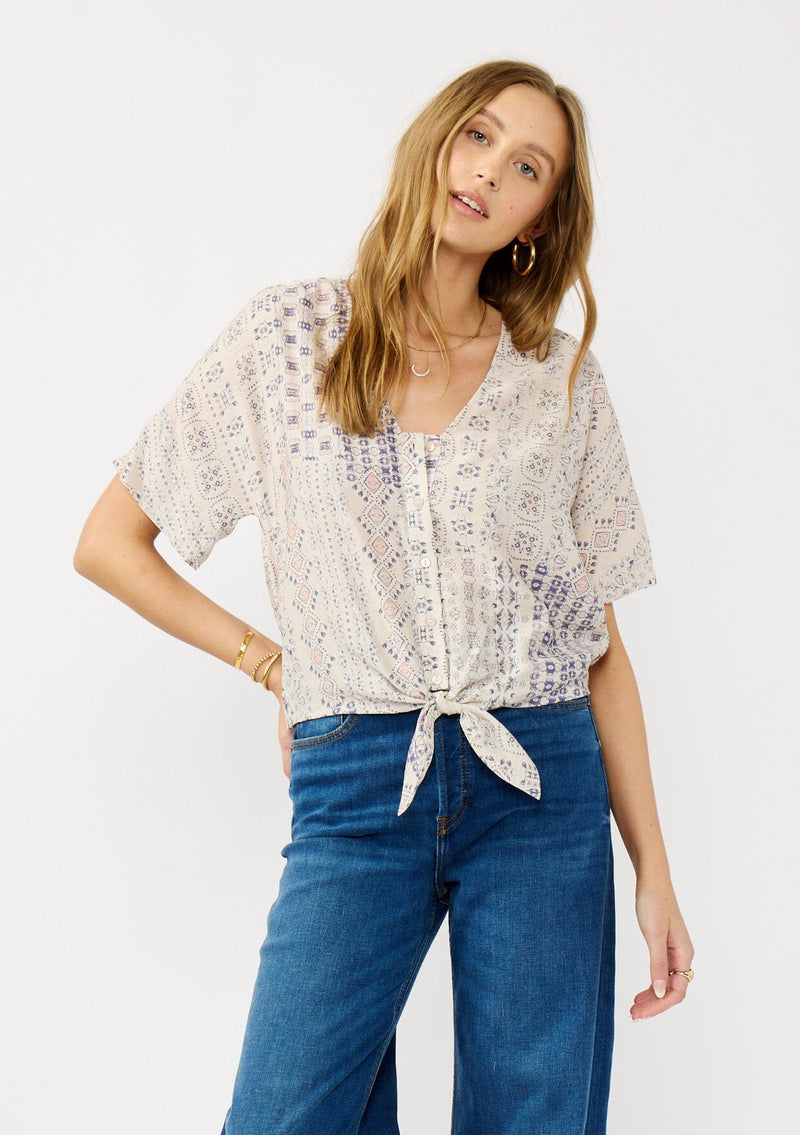LUNARA TIE FRONT TOP - OATMEAL/PLUM