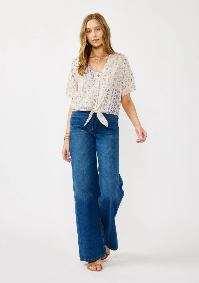 LUNARA TIE FRONT TOP - OATMEAL/PLUM