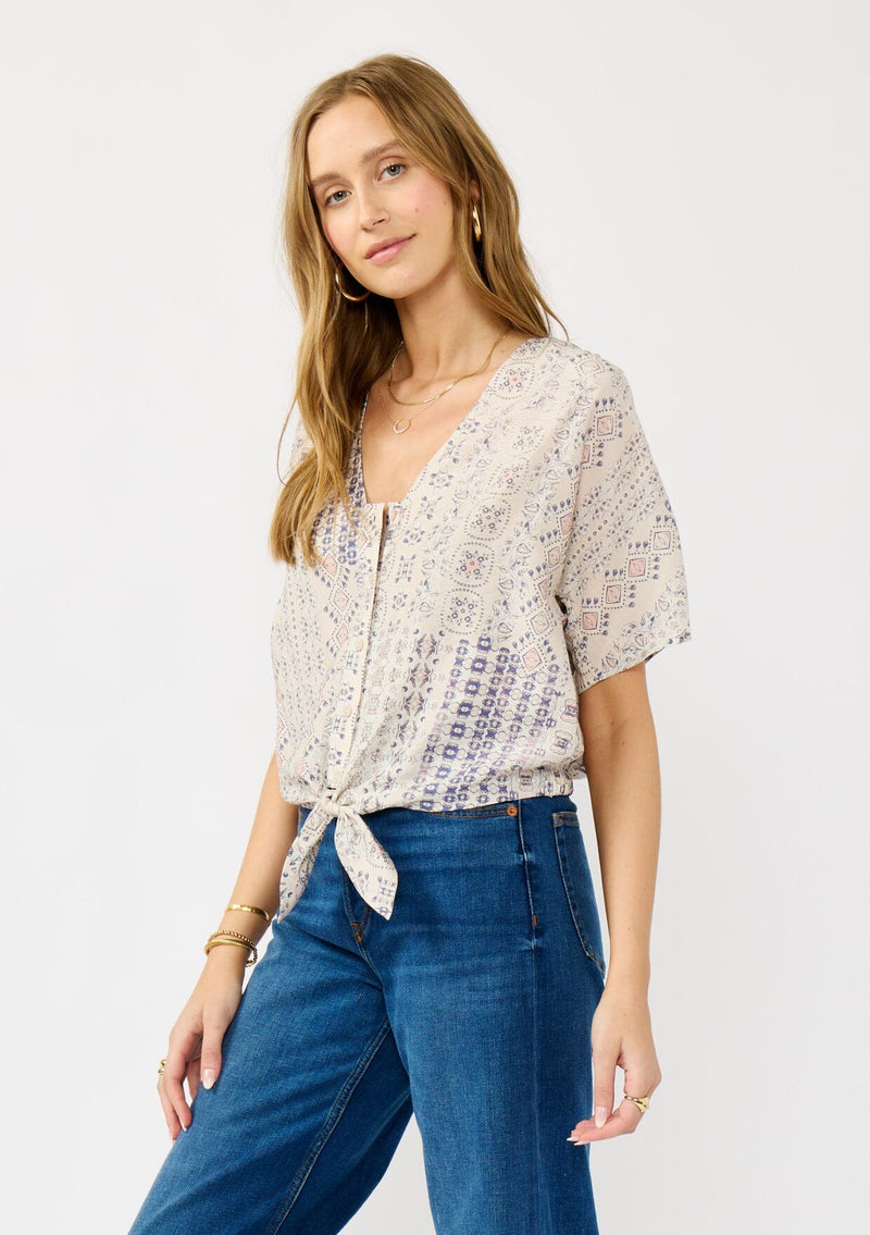 LUNARA TIE FRONT TOP - OATMEAL/PLUM