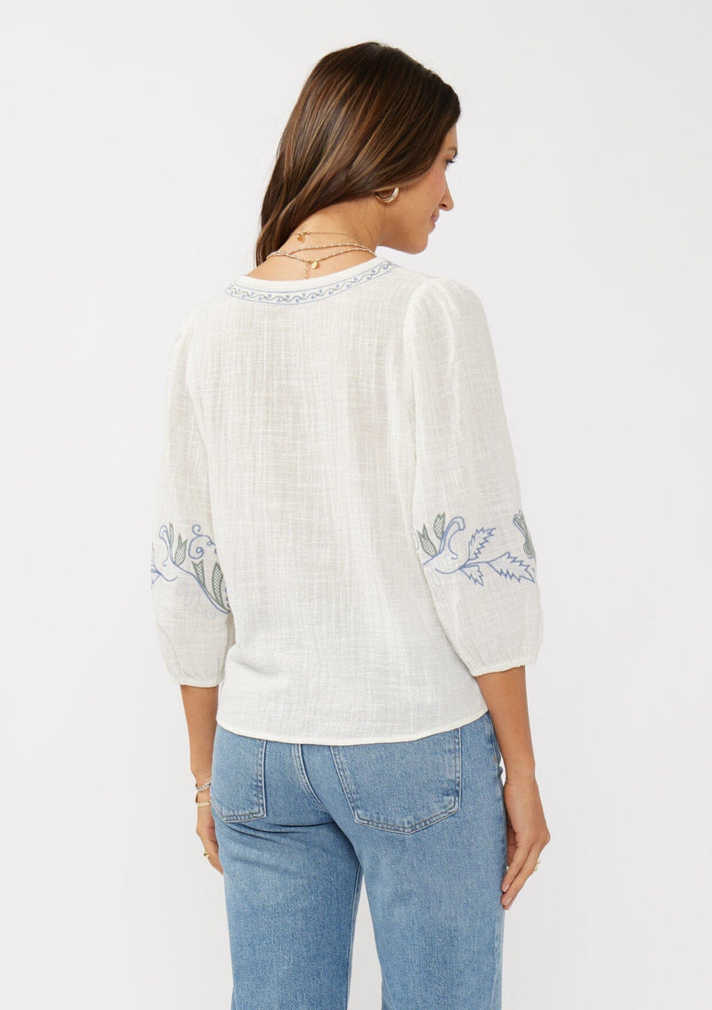 VIVIENNE TIE FRONT TOP - WHITE/DUSTY BLUE