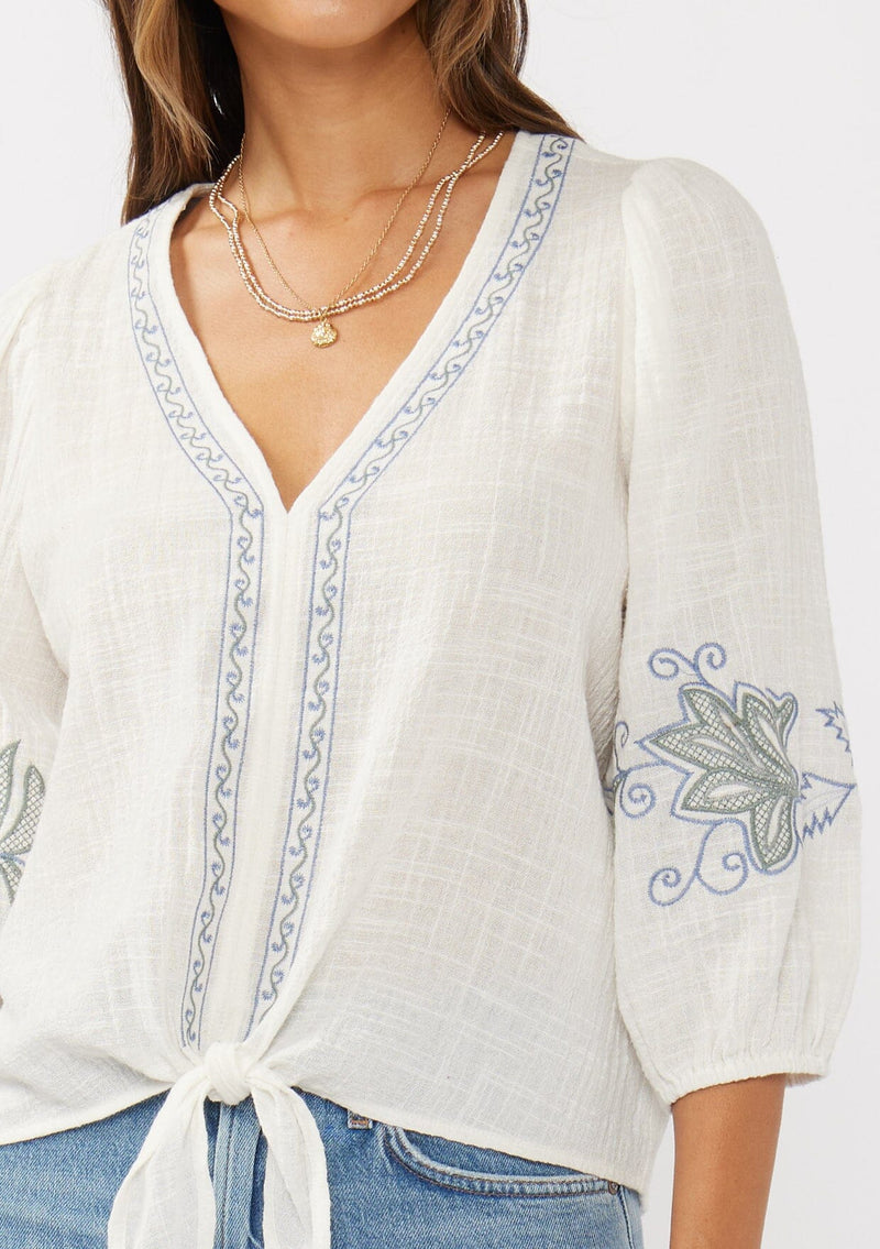 VIVIENNE TIE FRONT TOP - WHITE/DUSTY BLUE