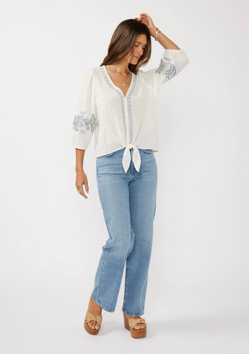 VIVIENNE TIE FRONT TOP - WHITE/DUSTY BLUE