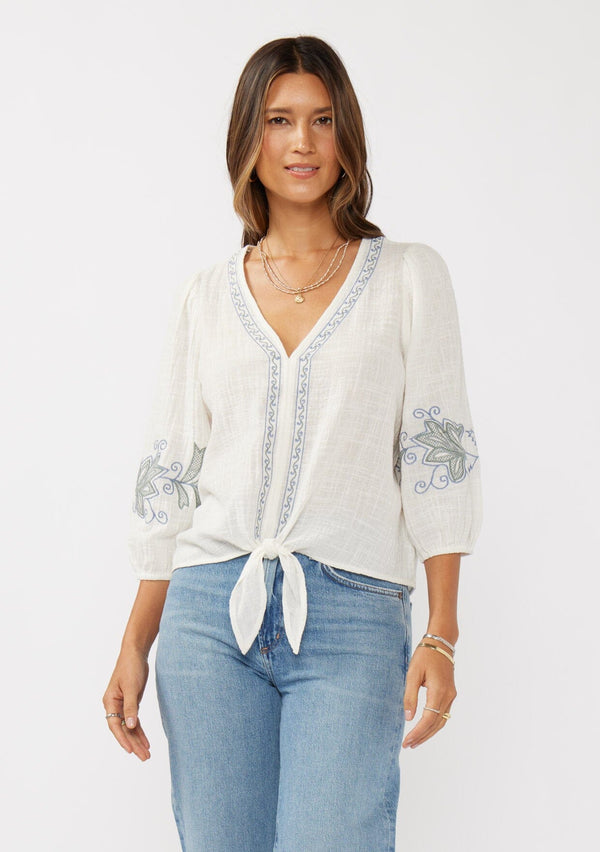 VIVIENNE TIE FRONT TOP - WHITE/DUSTY BLUE