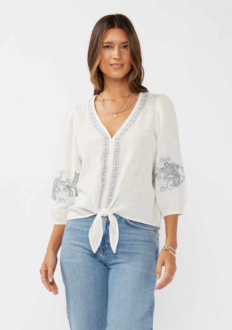 VIVIENNE TIE FRONT TOP - WHITE/DUSTY BLUE