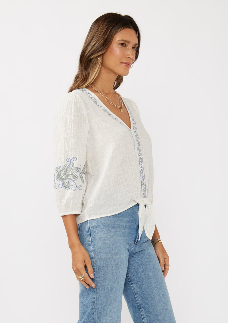 VIVIENNE TIE FRONT TOP - WHITE/DUSTY BLUE