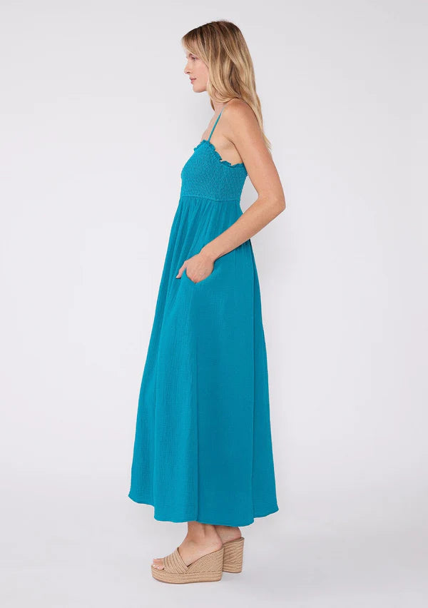 THEA SMOCKED MAXI DRESS - TEAL BLUE