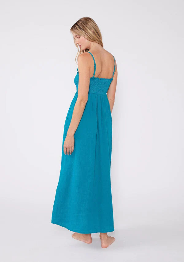 THEA SMOCKED MAXI DRESS - TEAL BLUE