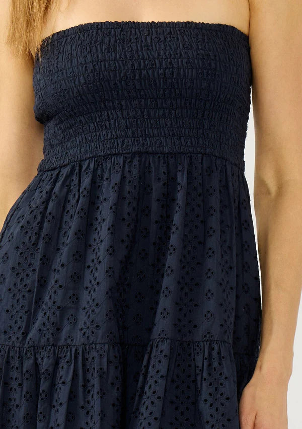 MABEL EYELET STRAPLESS  DRESS - NAVY