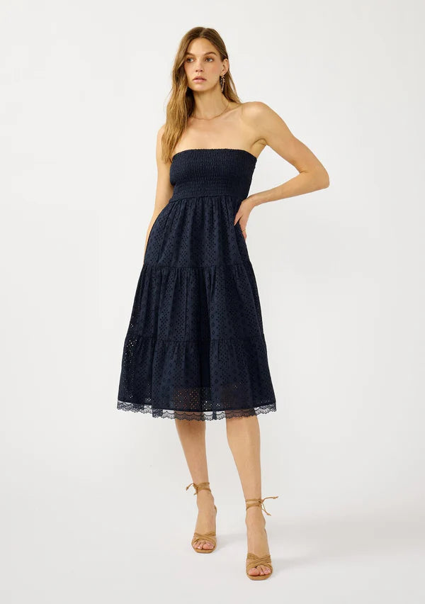 MABEL EYELET STRAPLESS  DRESS - NAVY