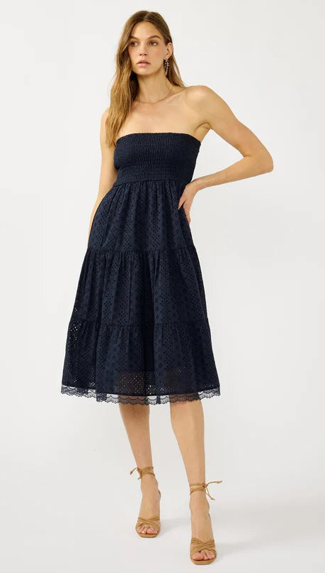 MABEL EYELET STRAPLESS  DRESS - NAVY