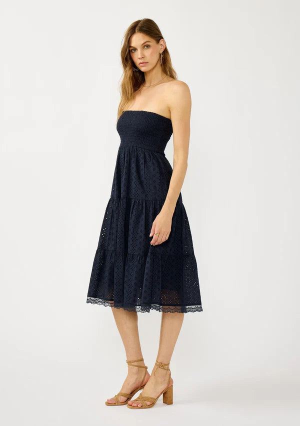 MABEL EYELET STRAPLESS  DRESS - NAVY