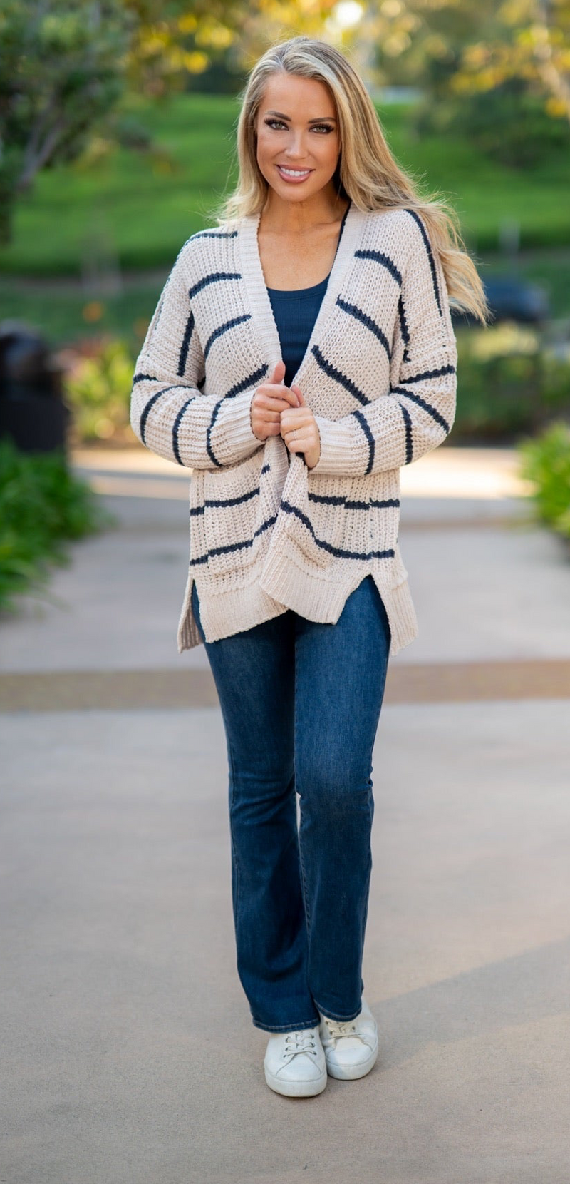 STRIPED CHENILLE CARDIGAN - BEIGE/NAVY