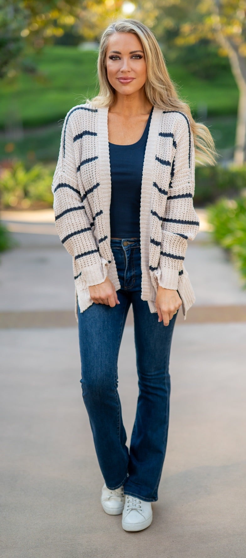 STRIPED CHENILLE CARDIGAN - BEIGE/NAVY