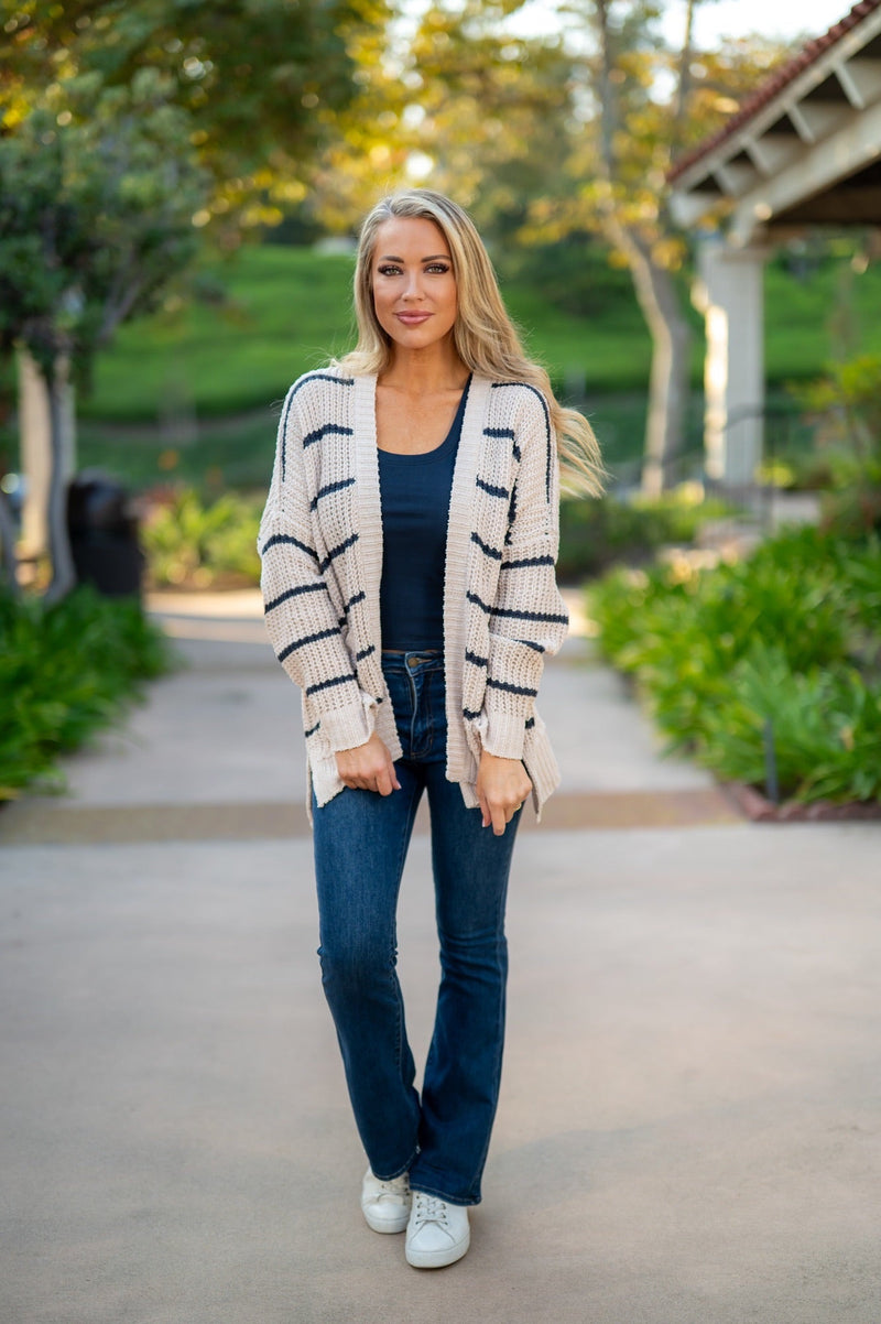 STRIPED CHENILLE CARDIGAN - BEIGE/NAVY