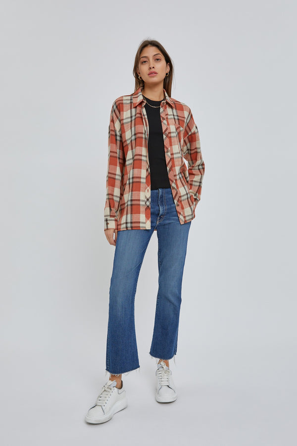 OVERSIZED BOYFRIEND FLANNEL SHIRT - BRICK