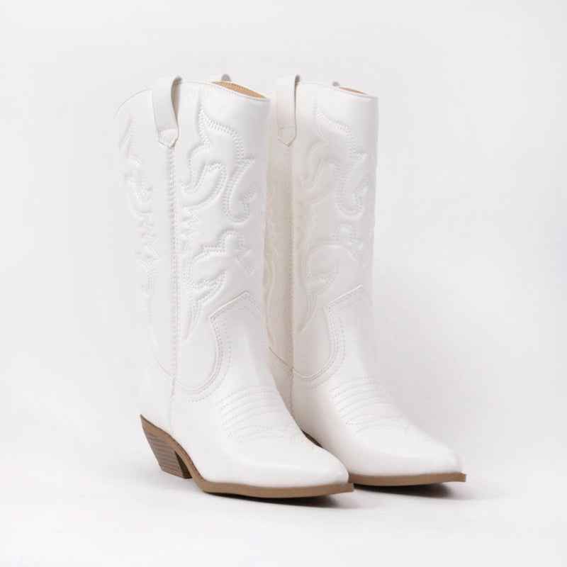 WESTERN EMBROIDERED MID CALF BOOTS - WHITE