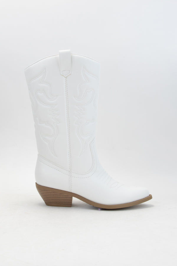 WESTERN EMBROIDERED MID CALF BOOTS - WHITE