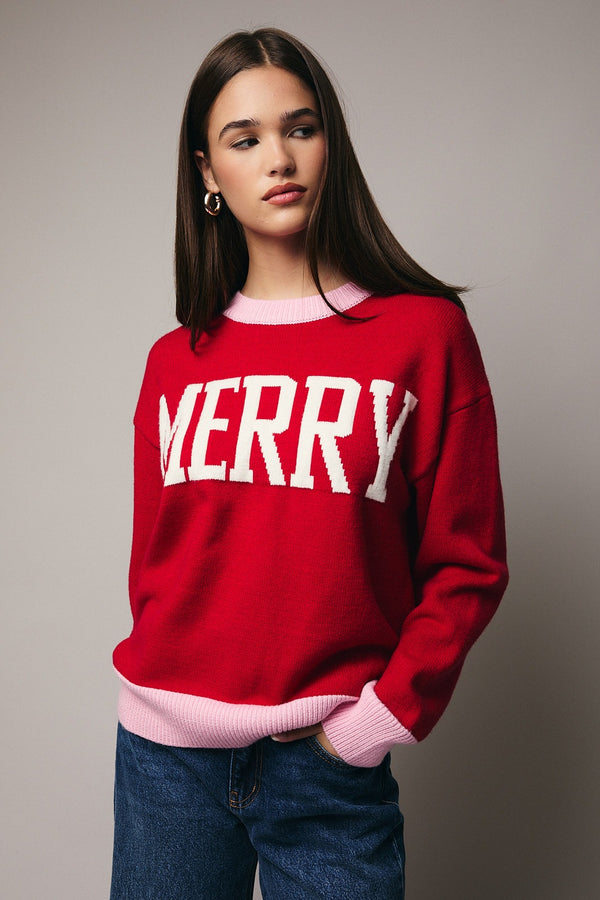 CREW NECK MERRY SWEATER - RED/PINK