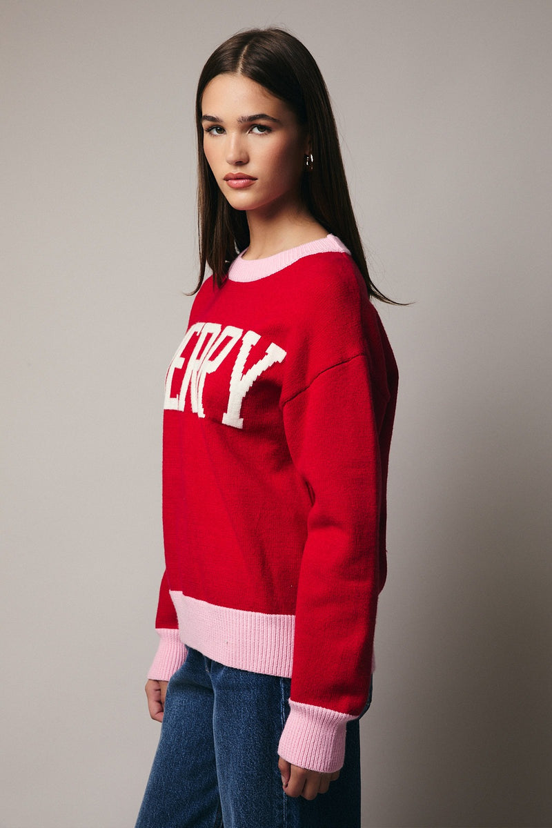 CREW NECK MERRY SWEATER - RED/PINK