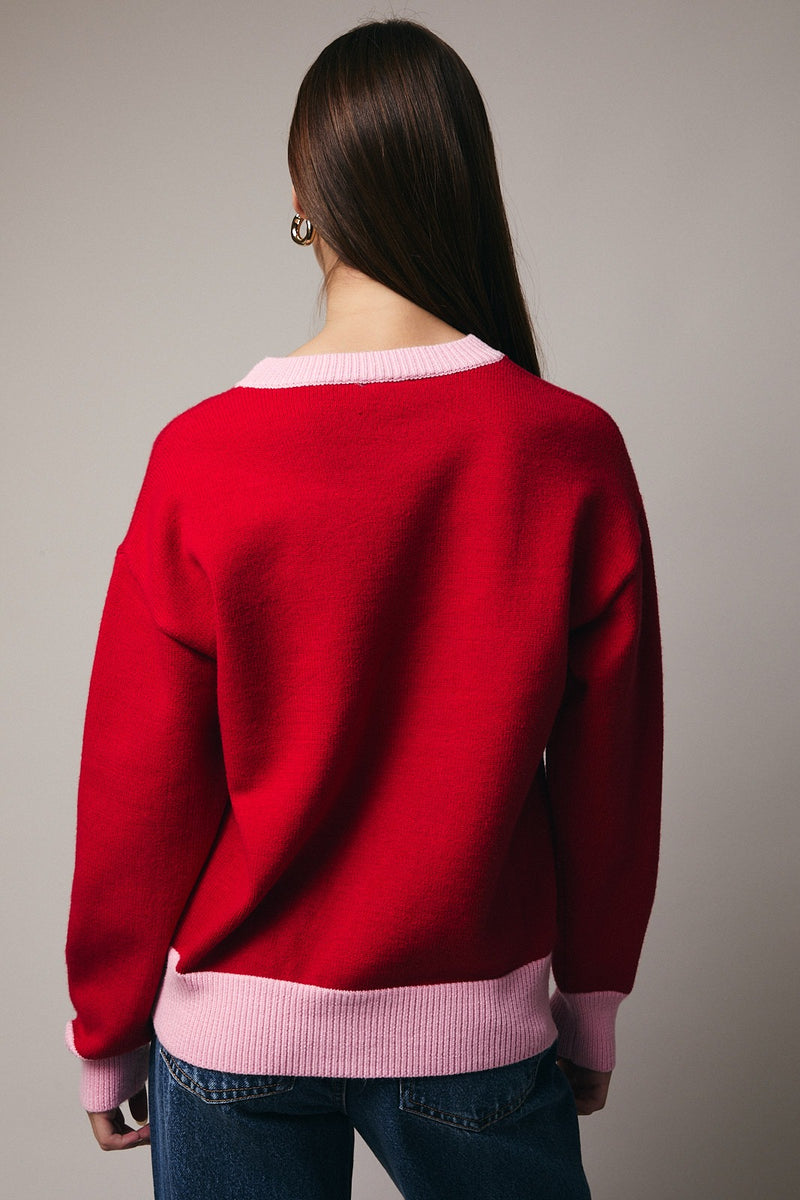 CREW NECK MERRY SWEATER - RED/PINK