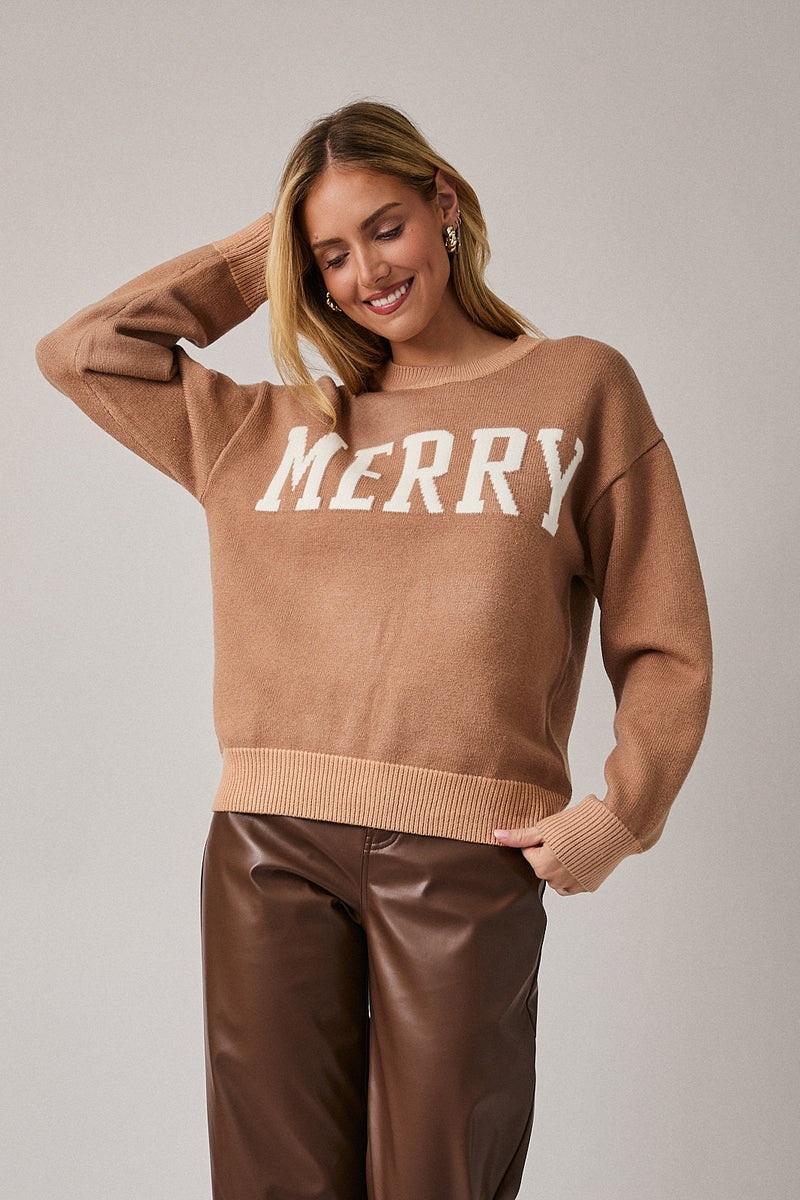 CREW NECK MERRY SWEATER - TAUPE/TAN